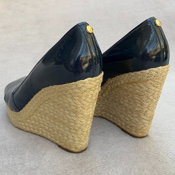 MICHAEL Michael Kors Navy Blue Leather Patent Espadrille Wedges Sz8 - Picture 8 of 16